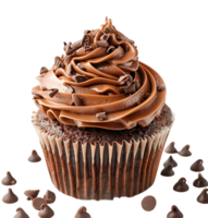 A cupcake with chocolate frosting and a picture of a cupcake. on isolated background png