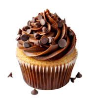 A cupcake with chocolate frosting and a picture of a cupcake. on isolated background png