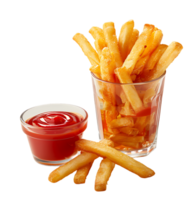 A glass of french fries and ketchup with a cup of ketchup .on isolated transparent background png
