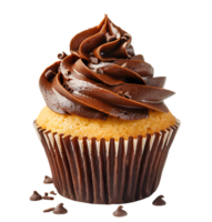 A cupcake with chocolate frosting and a picture of a cupcake. on isolated background png
