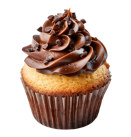A cupcake with chocolate frosting and a picture of a cupcake. on isolated background png