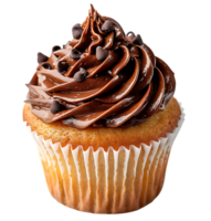 A cupcake with chocolate frosting and a picture of a cupcake. on isolated background png