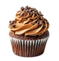 A cupcake with chocolate frosting and a picture of a cupcake. on isolated background png