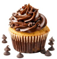 A cupcake with chocolate frosting and a picture of a cupcake. on isolated background png