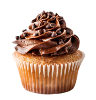 A cupcake with chocolate frosting and a picture of a cupcake. on isolated background png