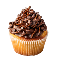 A cupcake with chocolate frosting and a picture of a cupcake. on isolated background png