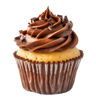 A cupcake with chocolate frosting and a picture of a cupcake. on isolated background png