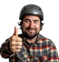 A man in a helmet giving a thumbs up sign.on isolated transparent background png