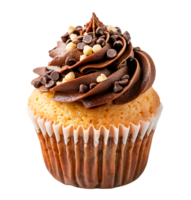 A cupcake with chocolate frosting and a picture of a cupcake. on isolated background png