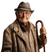 An old man with a cane and a hat on it on isolated transparent background png