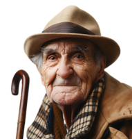An old man with a cane and a hat on it on isolated transparent background png