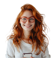Happy smiling redhead girl holding smartphone in hands in spectacles on isolated transparent background png