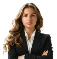 Portrait of smiling young woman with black suit on isolated transparent background png