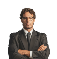 Businessman in black suit smiling towards camera on isolated transparent background png