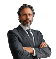 Businessman in black suit smiling towards camera on isolated transparent background png