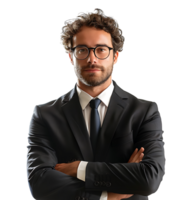 Businessman in black suit smiling towards camera on isolated transparent background png