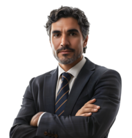 Businessman in black suit smiling towards camera on isolated transparent background png