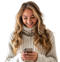 Smiling young woman using smart phone on isolated transparent background png