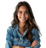young woman in denim jacket smiling looking at camera on isolated transparent background png