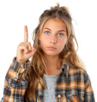 Girl raises finger up Attention please on isolated transparent background png