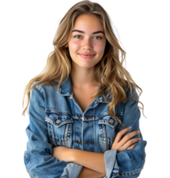 young woman in denim jacket smiling looking at camera on isolated transparent background png