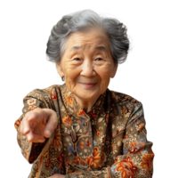 Old korean woman smiling and gesturing on isolated transparent background png