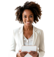 Smiling businesswoman using a digital tablet on isolated transparent background png