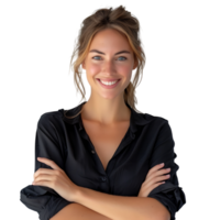 Confident young woman arms crossed looking at camera on isolated transparent background png