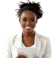 Smiling businesswoman using a digital tablet on isolated transparent background png