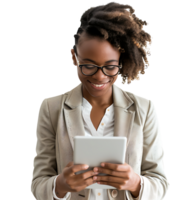 Smiling businesswoman using a digital tablet on isolated transparent background png
