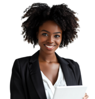 Smiling businesswoman using a digital tablet on isolated transparent background png
