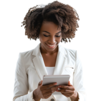 Smiling businesswoman using a digital tablet on isolated transparent background png
