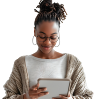 Smiling businesswoman using a digital tablet on isolated transparent background png