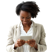 Smiling businesswoman using a digital tablet on isolated transparent background png