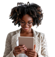Smiling businesswoman using a digital tablet on isolated transparent background png