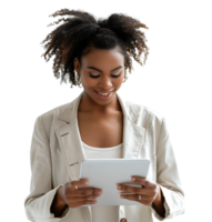 Smiling businesswoman using a digital tablet on isolated transparent background png
