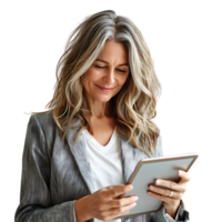 Smiling businesswoman using a digital tablet on isolated transparent background png