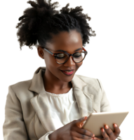 Smiling businesswoman using a digital tablet on isolated transparent background png