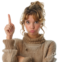 Girl raises finger up, says Attention please stock photo on isolated transparent background png