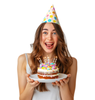 Girl with birthday hat, holding cake on plate with two hands, making wish on isolated transparent background png