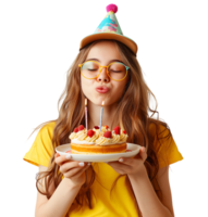 Girl with birthday hat, holding cake on plate with two hands, making wish on isolated transparent background png