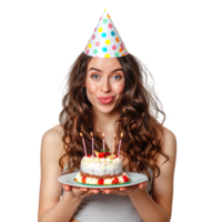 Girl with birthday hat, holding cake on plate with two hands, making wish on isolated transparent background png