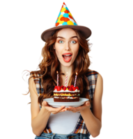 Girl with birthday hat, holding cake on plate with two hands, making wish on isolated transparent background png