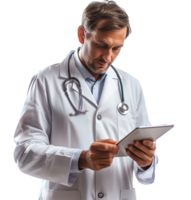 Confident male doctor using smartphone on isolated transparent background png
