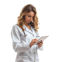 fiducioso femmina medico utilizzando smartphone su isolato trasparente sfondo png