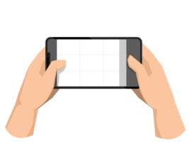 Hand holding horizontal phone, taking mobile photo. Making photograph with grid on smartphone screen. Using camera for shooting, recording . Flat graphic isolated png
