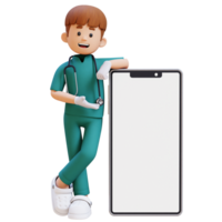 3D Doctor Character Presenting and Lying on Big Empty Phone Screen. Suitable for Medical content png