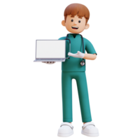 3D Doctor Character Presenting on Empty Computer Screen. Suitable for Medical content png