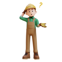 3D Construction Worker Character Confused and Thinking Pose png