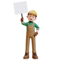 3D Construction Worker Character Holding Empty Placard png